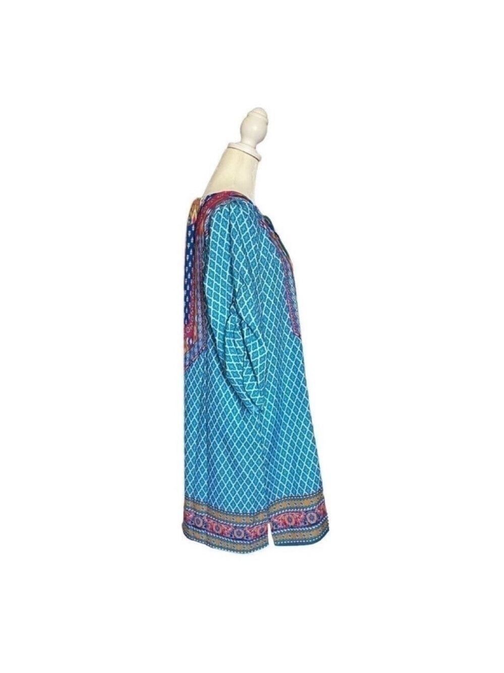 Urban Coco Blue Multicolor Ruche Sleeve Swim Coverup Dress with Tassels Medium - Picture 2 of 14